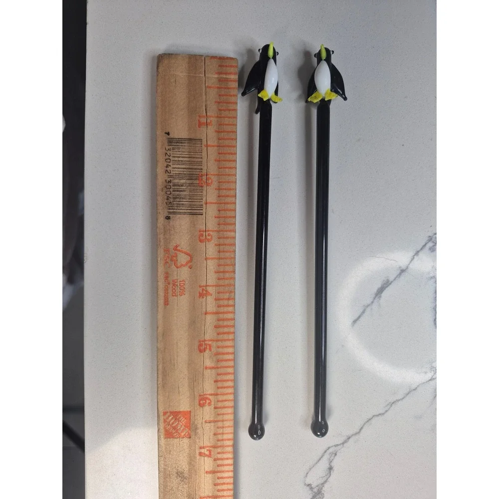 Vintage Handblown Glass Penguin Swizzle Sticks Set of 2 Cocktail Stir